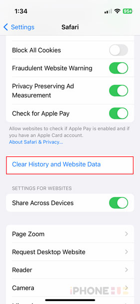 Clear history and website data in iPhone