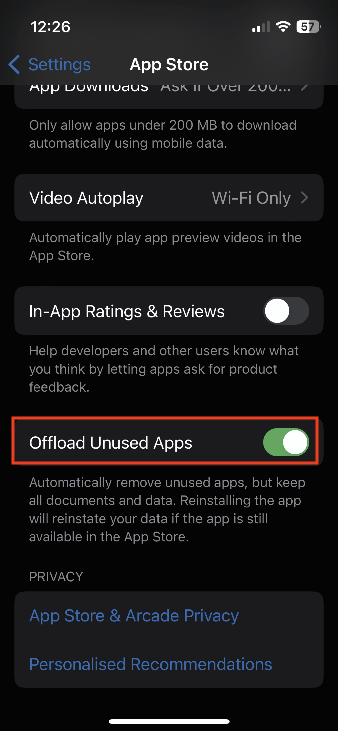 Offload unused app