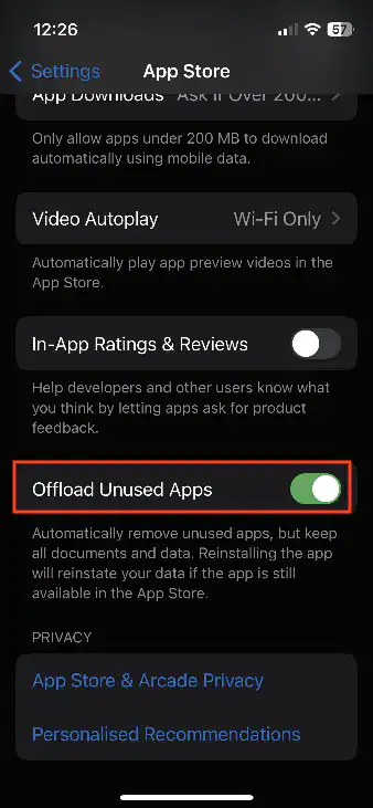 Offload unused app