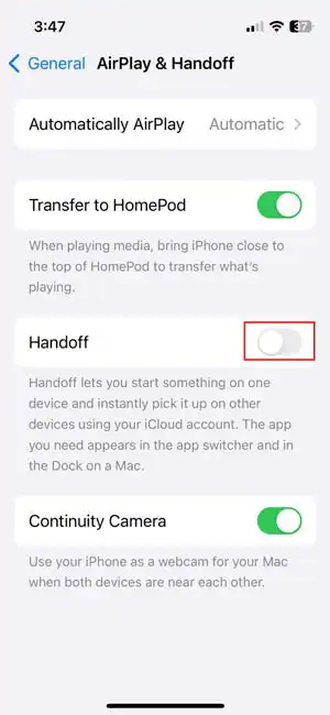Handoff toggle