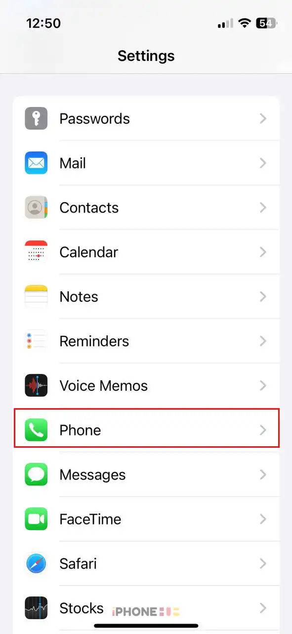 iPhone Phone App in Settings