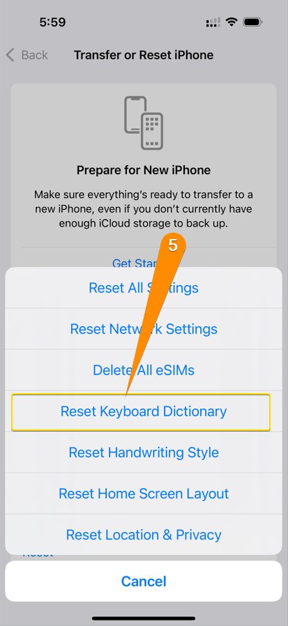 reset keyboard dictionary setting